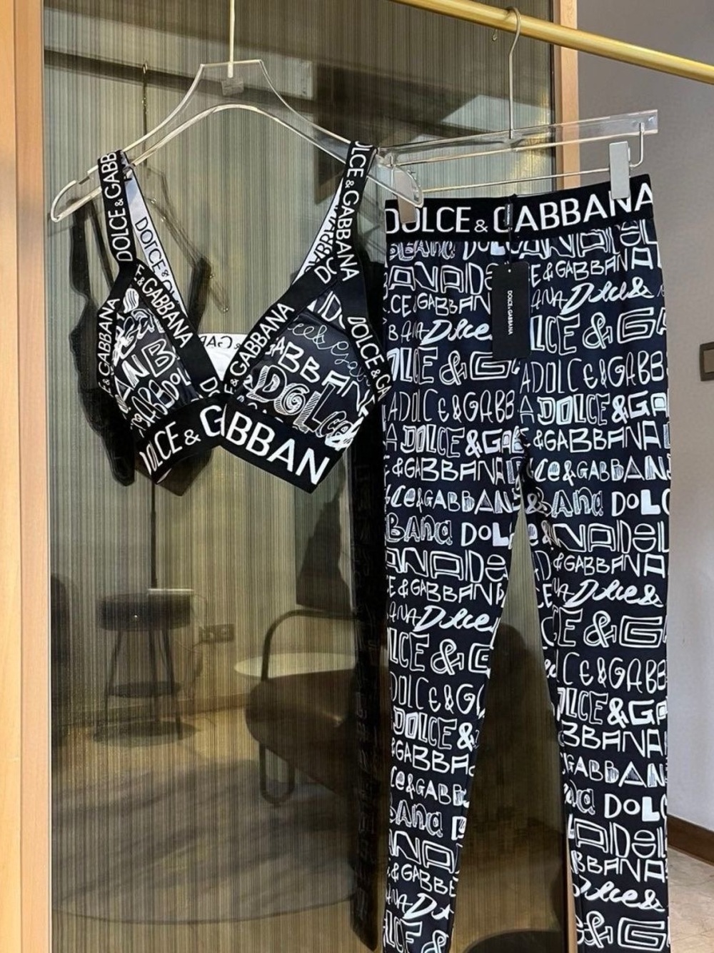 Dolce & Gabbana Black and White Logo Print Leggings and Top Set